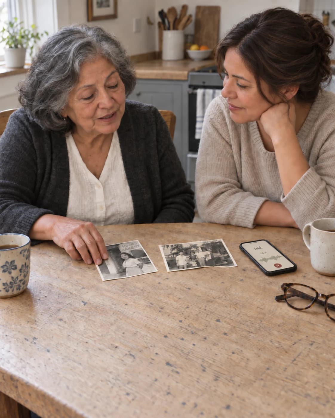 Rosa telling a story to her daughter over old photographs at the kitchen table, the phone recording between them.